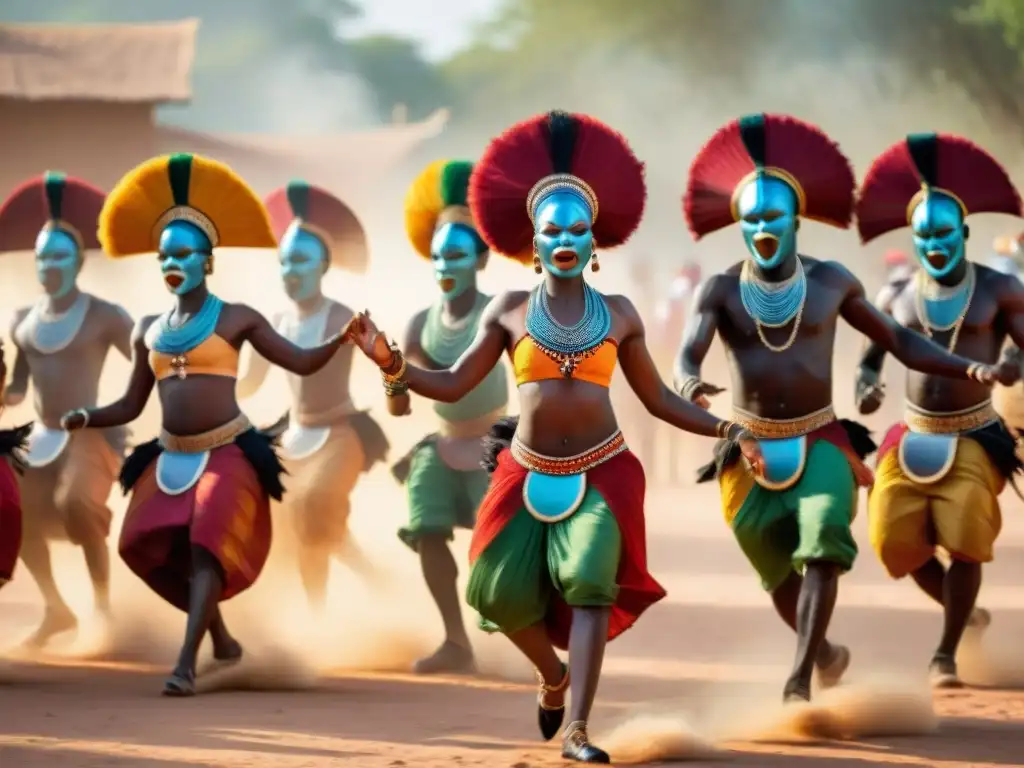 Vibrante baile africano con máscaras de madera y trajes coloridos en el Festival de Máscaras en Burkina Faso