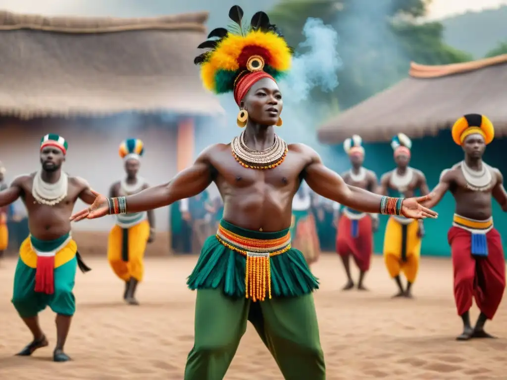 Un vibrante baile africano en plaza con trajes coloridos y espectadores cautivados