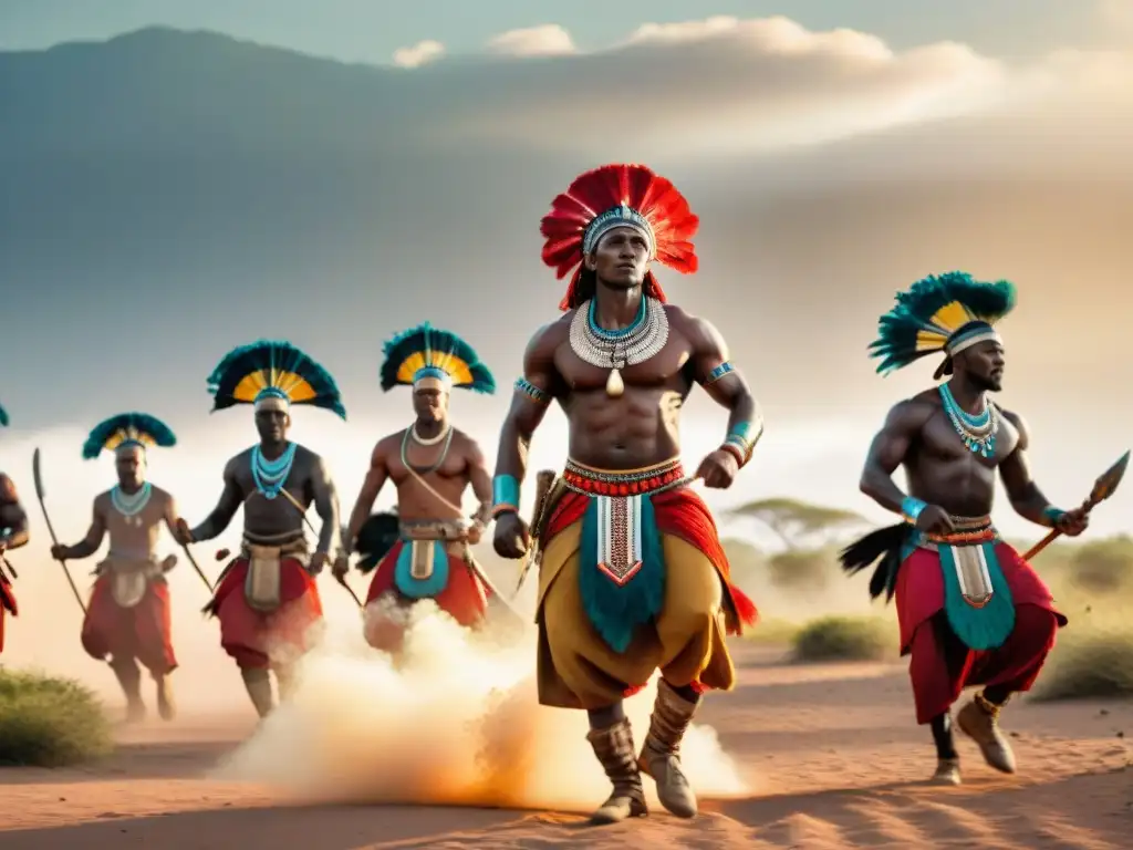 Un vibrante baile guerrero africano, con guerreros ejecutando movimientos poderosos y gráciles bajo el sol ardiente