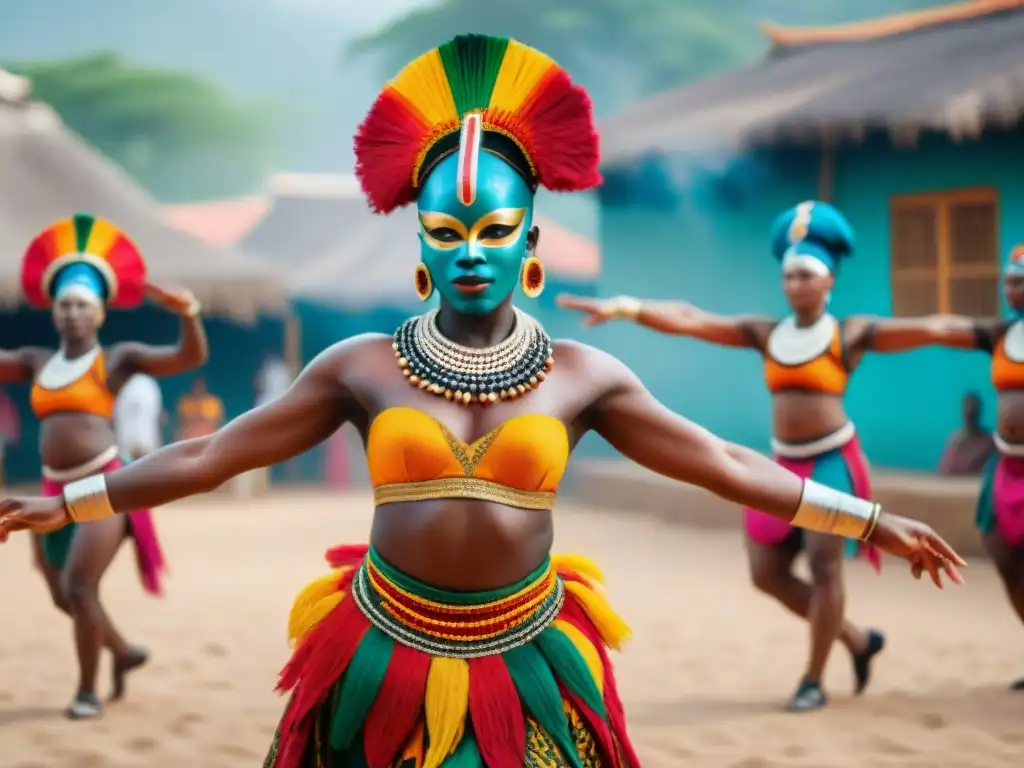 Un vibrante baile de máscaras en África, con movimientos dinámicos y coloridos trajes en una plaza bulliciosa