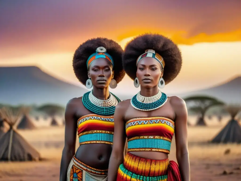 Un vibrante baile de mujeres africanas de distintas tribus, luciendo atuendos tradicionales bajo el cielo africano