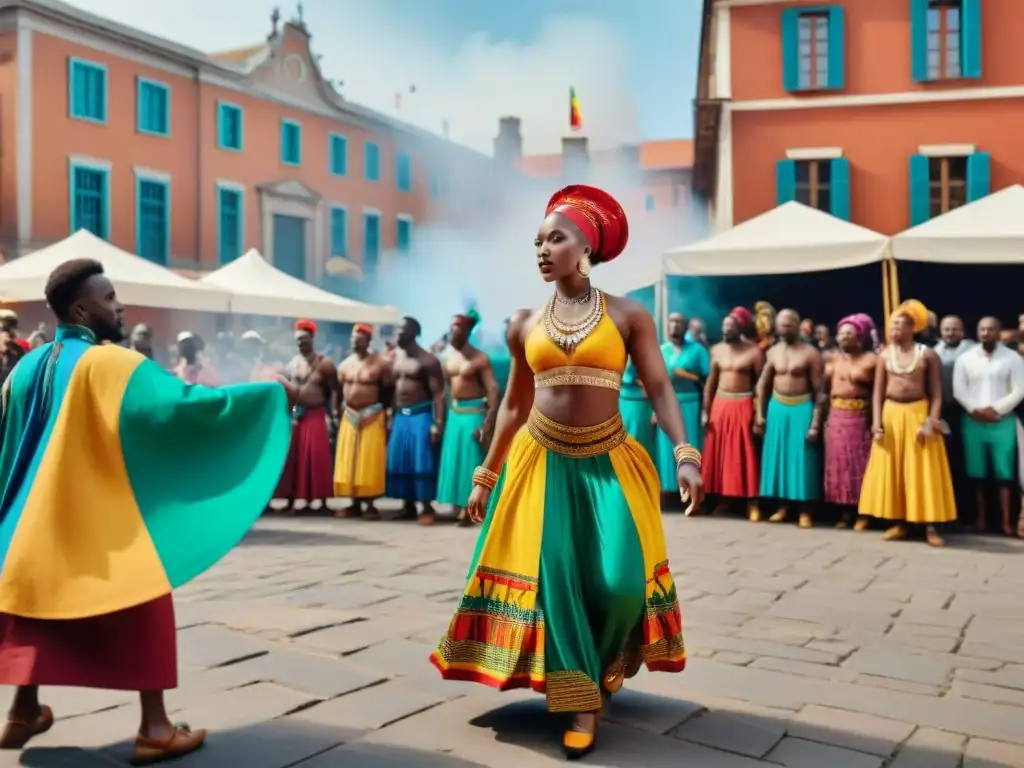 Vibrante baile tradicional africano en plaza de ciudad bulliciosa, uniendo herencia y vida moderna en la diáspora africana