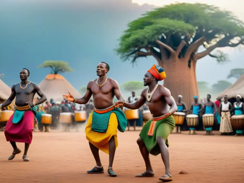 Una vibrante batalla de danza en África, donde la tradición y la modernidad se fusionan bajo el sol poniente