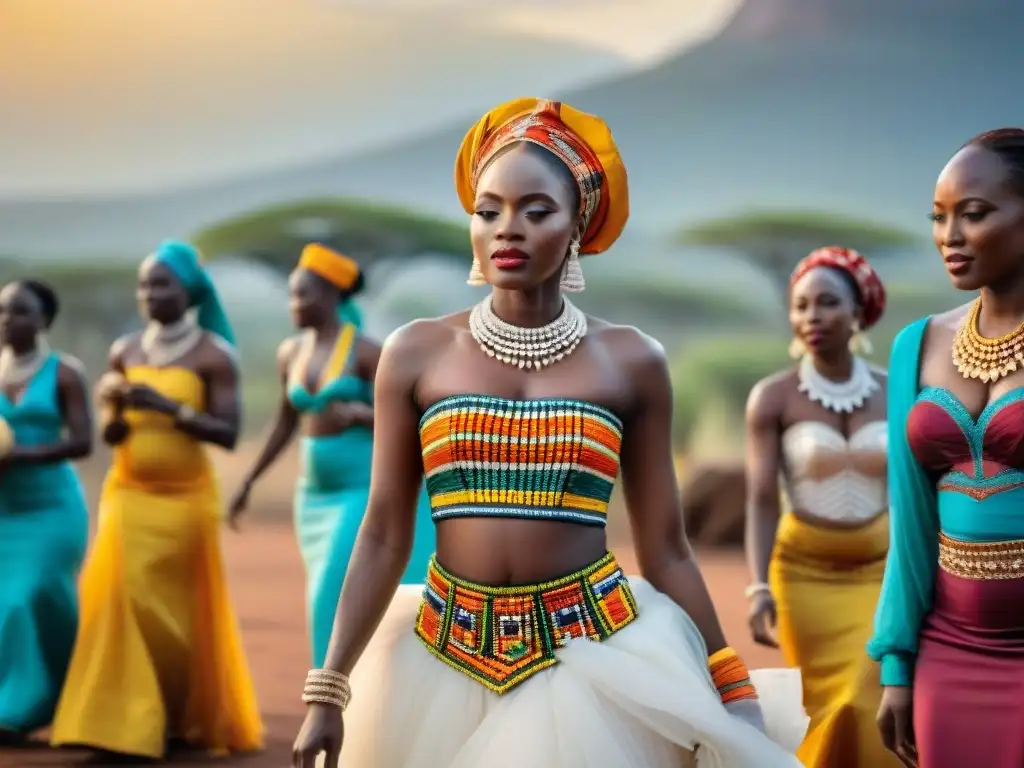 Una vibrante boda africana con la novia vestida de colores y joyas, rodeada de mujeres bailando al ritmo de tambores