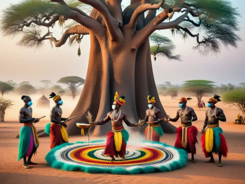 Un vibrante Calendario espiritual de tradiciones africanas bajo los baobabs centrales