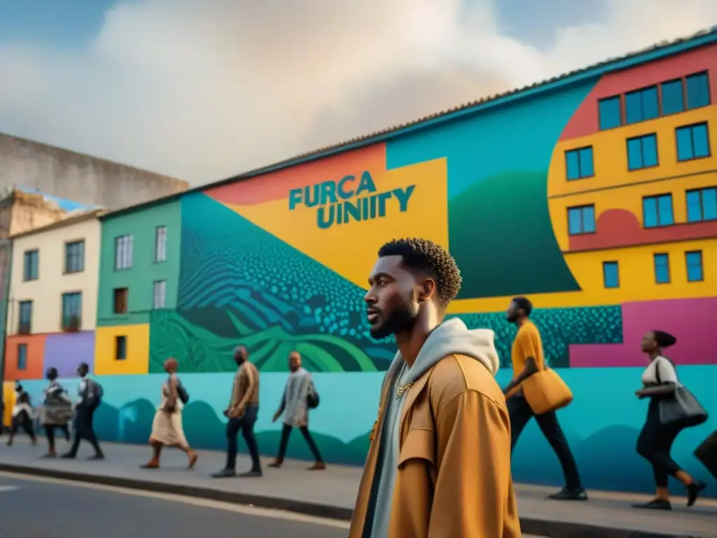 Una vibrante calle africana con mural de personas diversas unidas en unidad