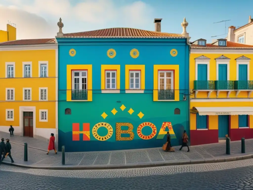 Vibrante calle de Lisboa con murales AfroPortugueses, reflejando la influencia de la diáspora africana