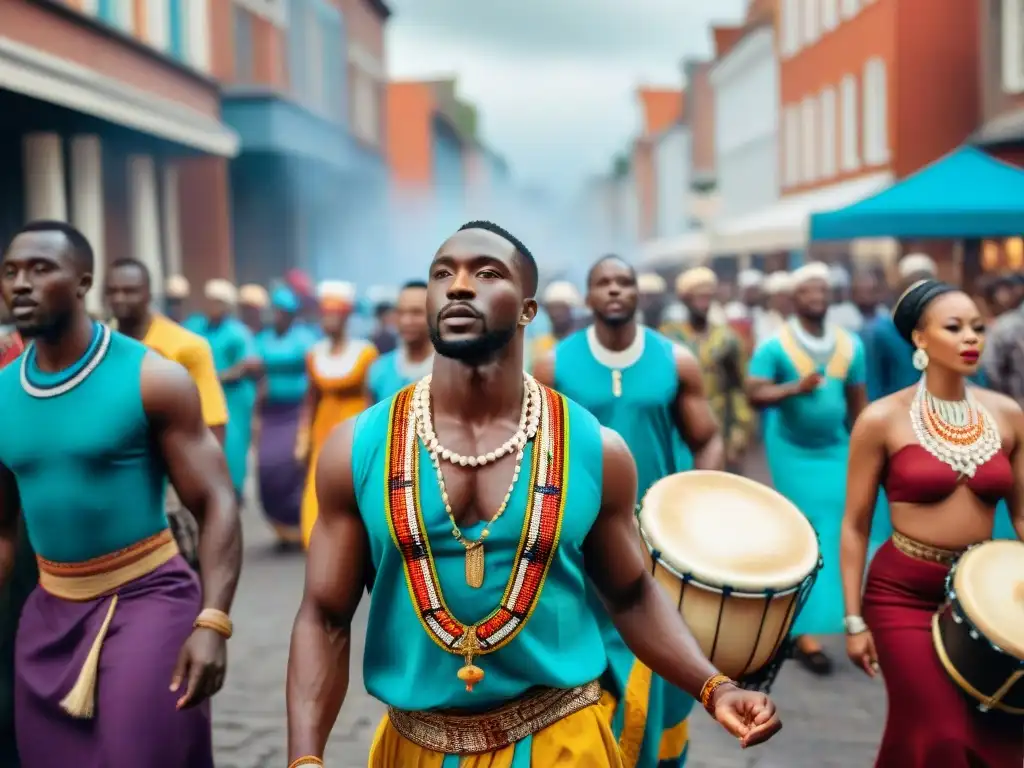 Vibrante procesión callejera durante ceremonia religiosa africana, con danzas rituales y coloridos atuendos