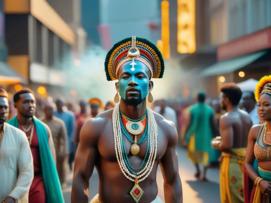 Una vibrante procesión callejera muestra el sincretismo en la espiritualidad africana, con colores y rituales ancestrales