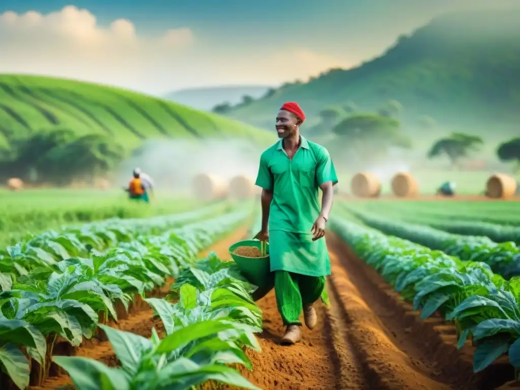 Un vibrante campo agrícola africano donde los agricultores trabajan juntos, mostrando oportunidades en la cadena de valor agrícola