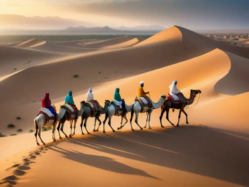 Vibrante caravana comercial en el Sahara, fusionando influencias religiosas, rituales y prácticas comerciales