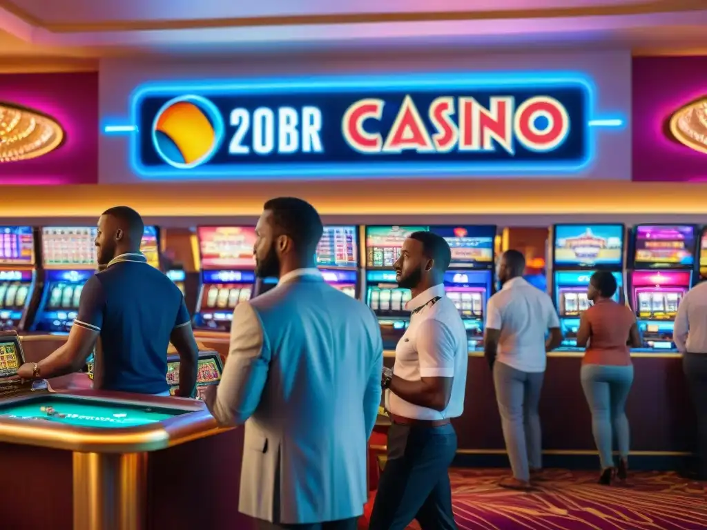 Un vibrante casino en una ciudad africana, con jugadores y empleados bajo luces de neón