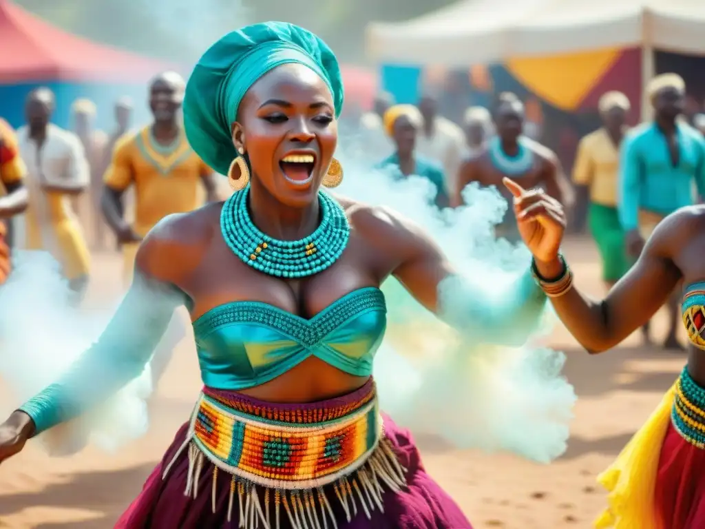 Una vibrante celebración en África con baile, tambor y coloridos atuendos tradicionales