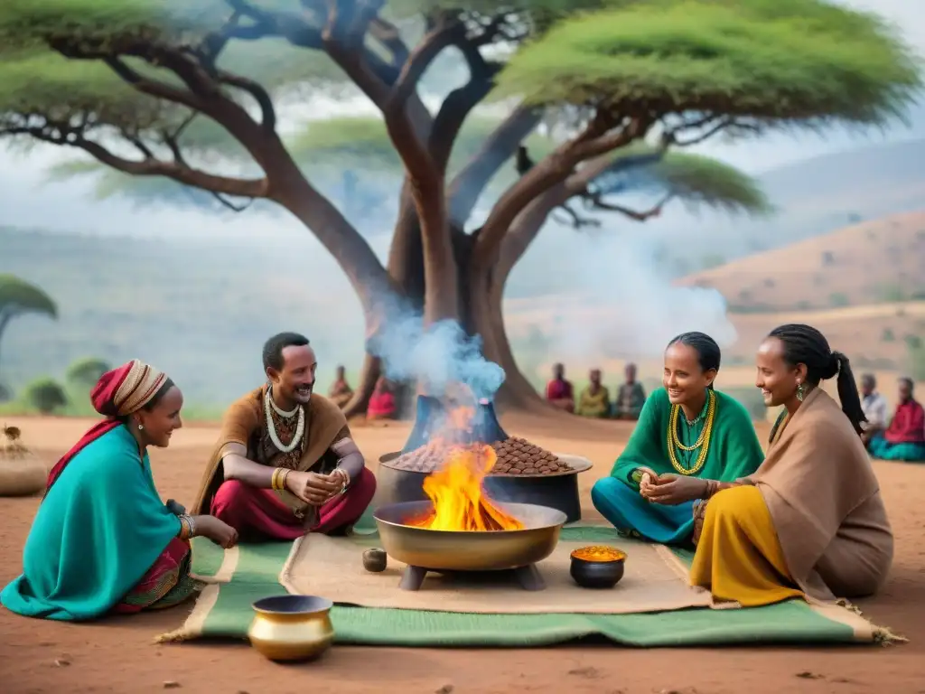 Una vibrante ceremonia del café en Etiopía bajo un acacia gigante, mostrando la rica cultura del Cuerno de África