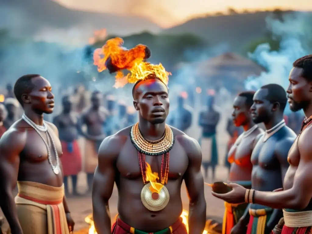 Vibrante ceremonia africana al anochecer con fuego sagrado y participantes en trajes ceremoniales coloridos, realizando rituales sagrados