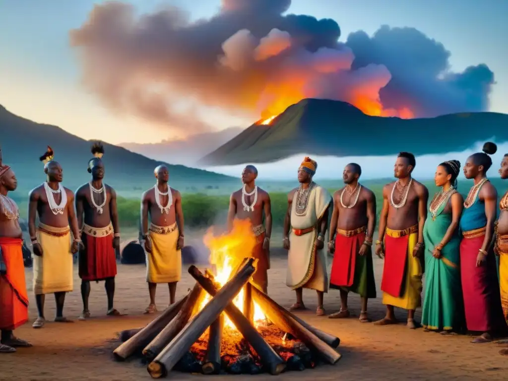 Vibrante ceremonia espiritual africana alrededor de fogata al atardecer