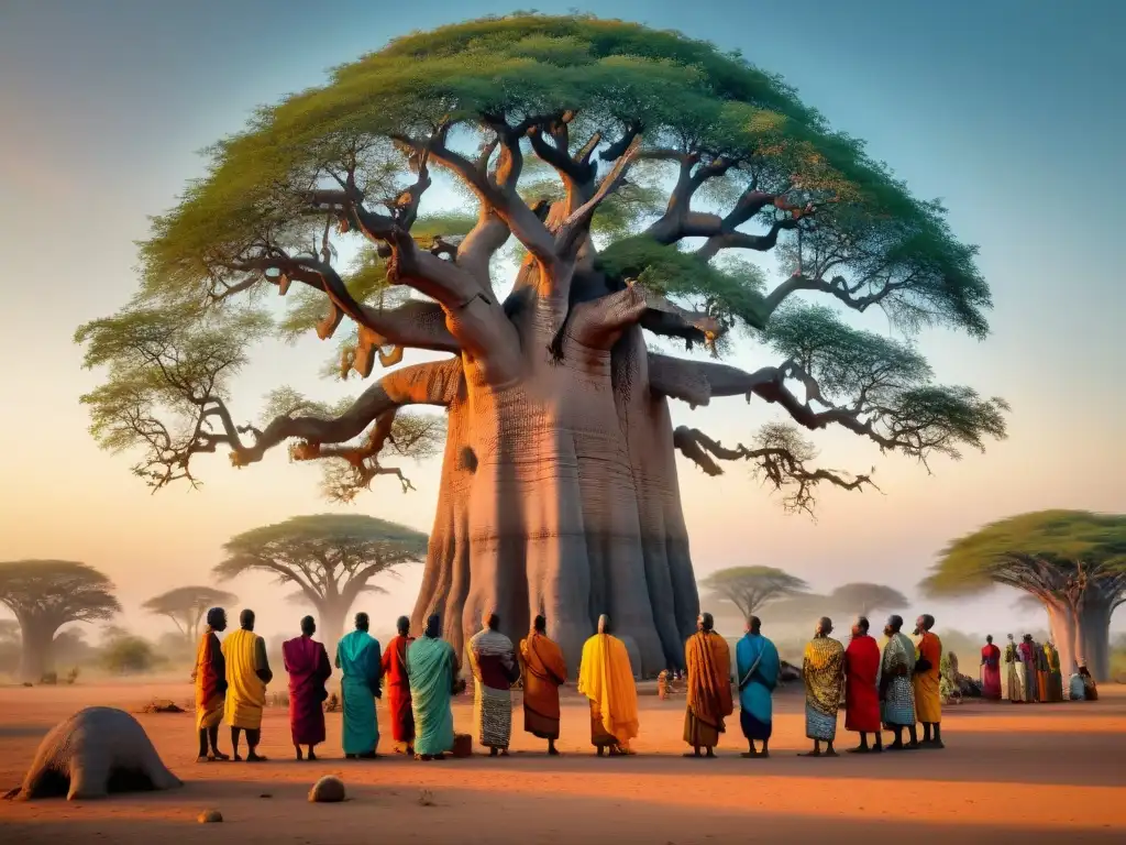 Vibrante ceremonia espiritual bajo baobab milenario: Veneración de espíritus en África