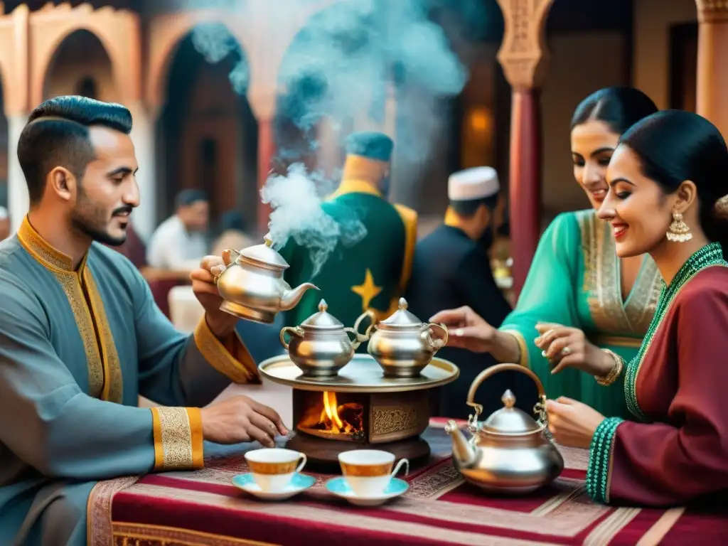 Una vibrante Ceremonia del té en África, con personas vestidas de forma colorida, disfrutando de té en un animado mercado