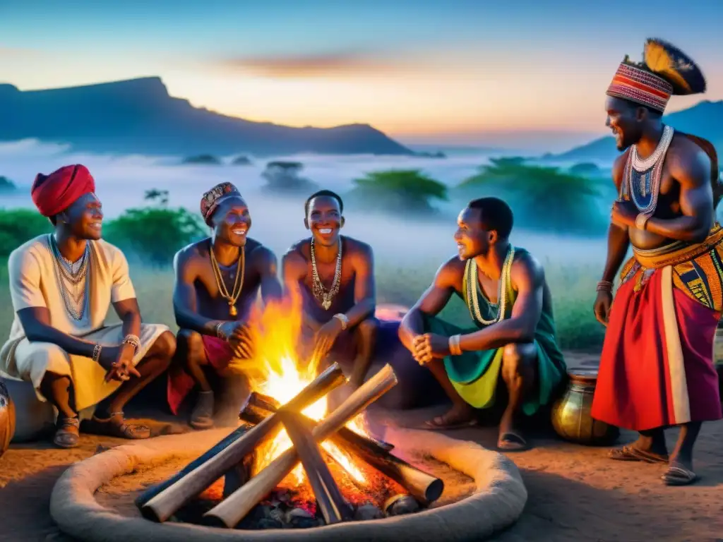 Vibrante ceremonia tradicional africana alrededor de una fogata, mostrando religión y rituales en África