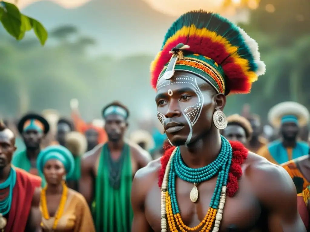 Una vibrante ceremonia tribal africana con ofrendas y tradiciones espirituales, en un entorno natural al atardecer