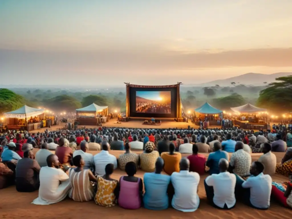 Un vibrante cine al aire libre en una ciudad africana al atardecer, con una audiencia diversa bajo el cielo abierto