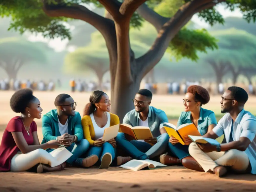 Un vibrante círculo de jóvenes líderes africanos discuten bajo un árbol, rodeados de libros y laptops