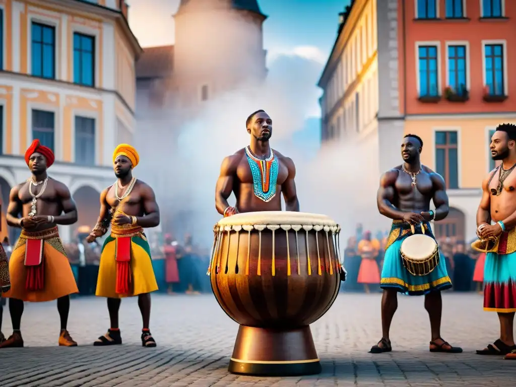 Un vibrante círculo de tambores africanos en una plaza europea, fusionando influencias africanas y europeas durante un festival cultural