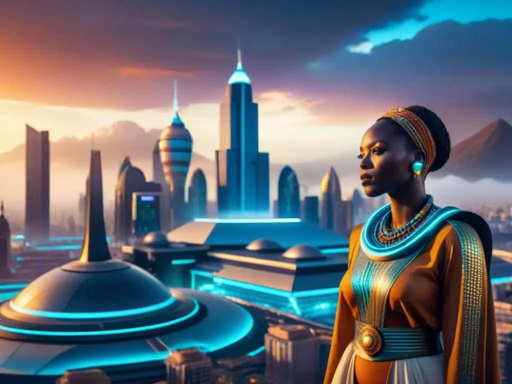 Vibrante ciudad africana futurista con rascacielos y tecnología avanzada, representación de africanos en ciencia ficción