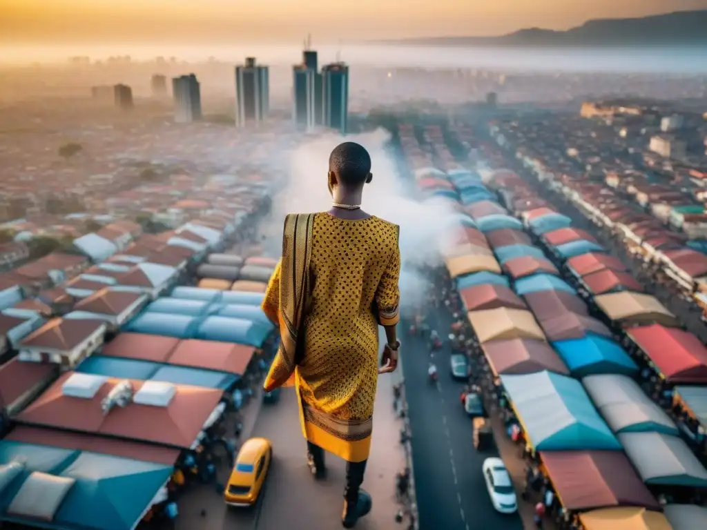 Vibrante ciudad africana: mercados tradicionales, rascacielos modernos y bulliciosas calles con gente diversa