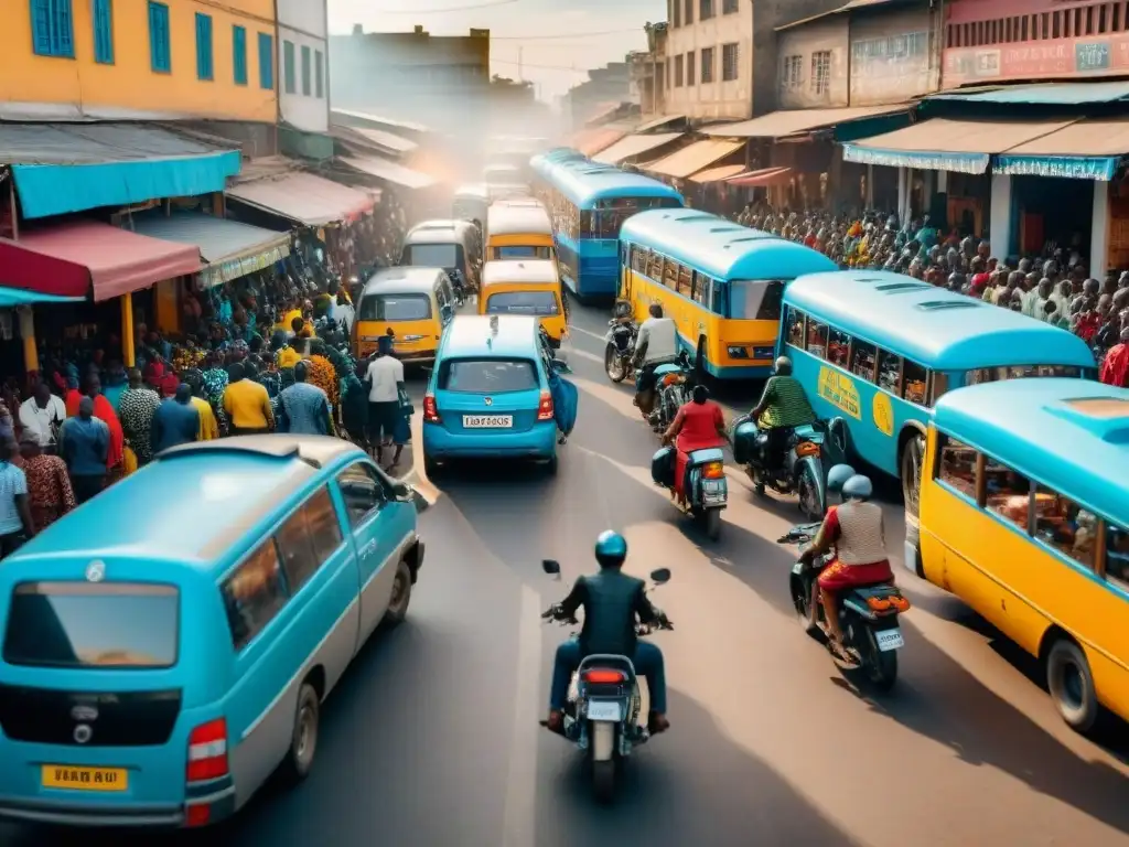 Vibrante ciudad africana: transporte diverso, calles bulliciosas, mercado colorido y arte callejero