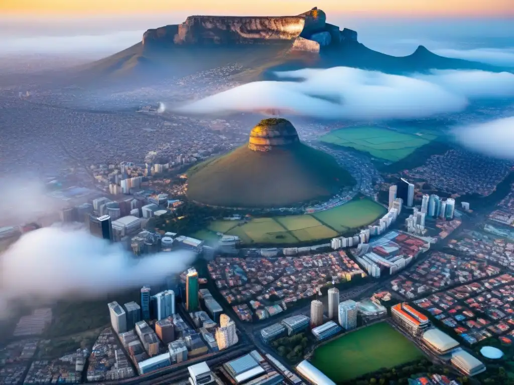 Vibrante ciudad de Johannesburgo con rascacielos modernos y bulliciosa vida urbana, frente al icónico Table Mountain