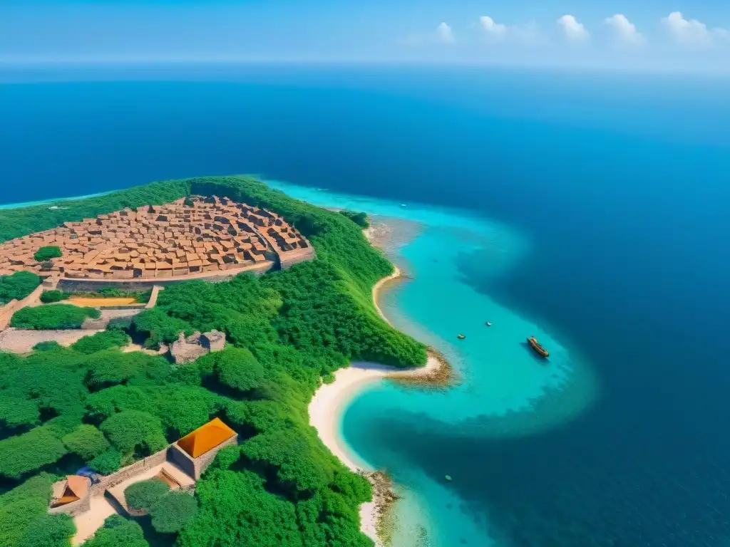 Vibrante comercio en ciudades-estado swahili: puerto de Kilwa Kisiwani con edificios de piedra coral tallada, puestos de mercado y dhows llegando