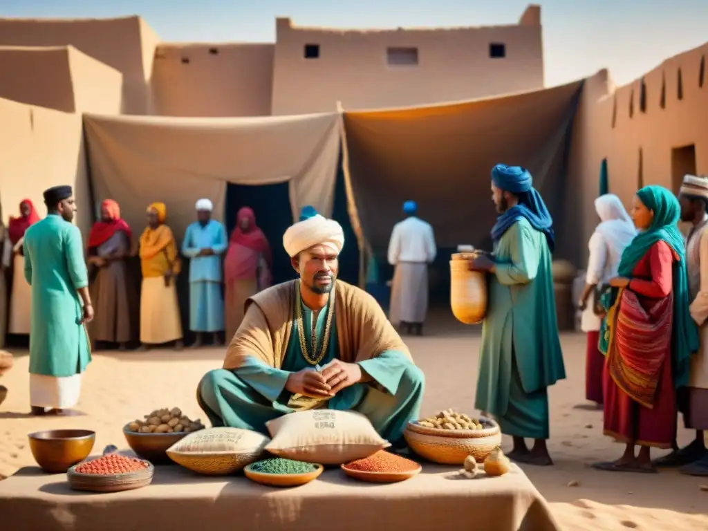 Vibrante comercio de conocimiento en Timbuktú, con mercados bulliciosos y diversas culturas bajo el sol del desierto