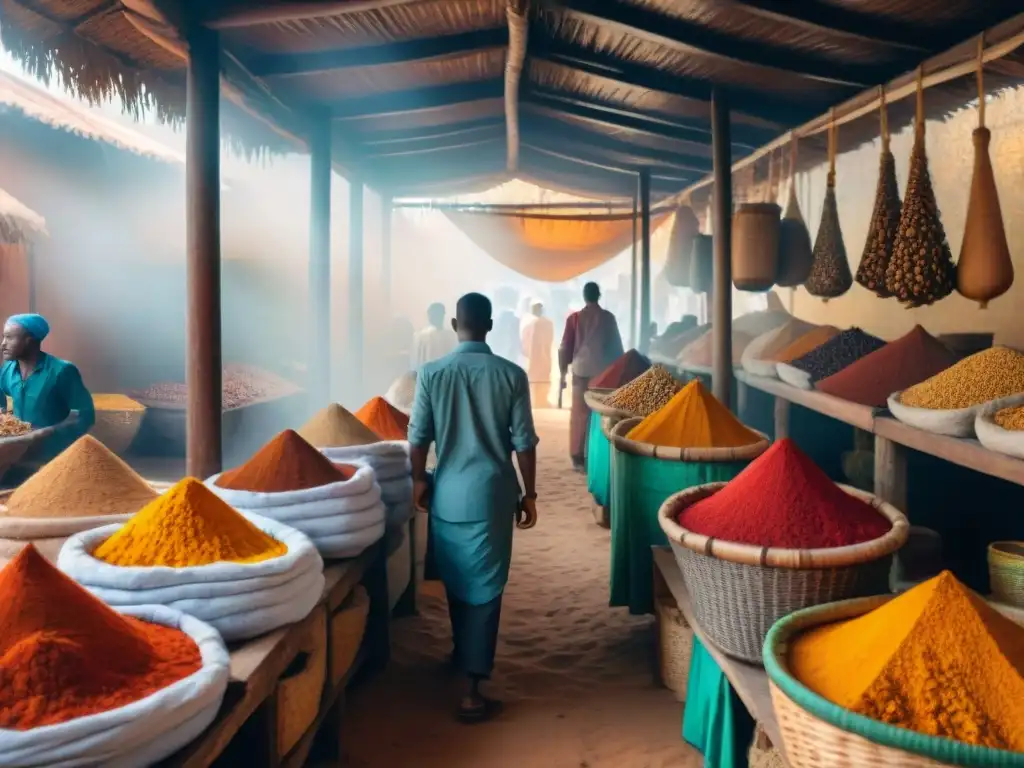 Vibrante comercio de especias en África, con coloridos puestos y cálida luz dorada en el mercado de Zanzíbar