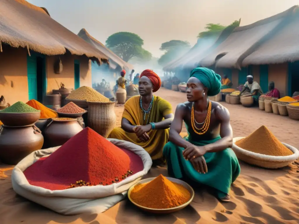 Vibrante comercio de especias en África: mercado precolonial lleno de coloridas especias y bullicio de comerciantes