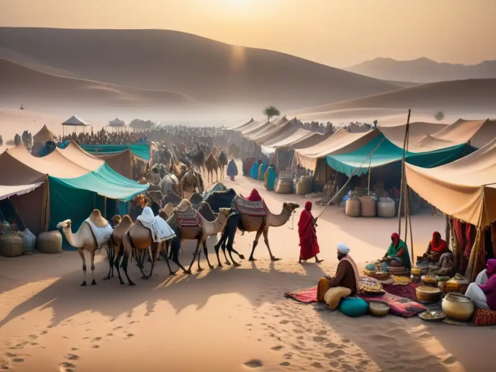 Mercado del Sahara: Intercambio en la Ruta Transahariana Vibrante comercio transahariano de monedas y economía en un bullicioso mercado del desierto del Sáhara
