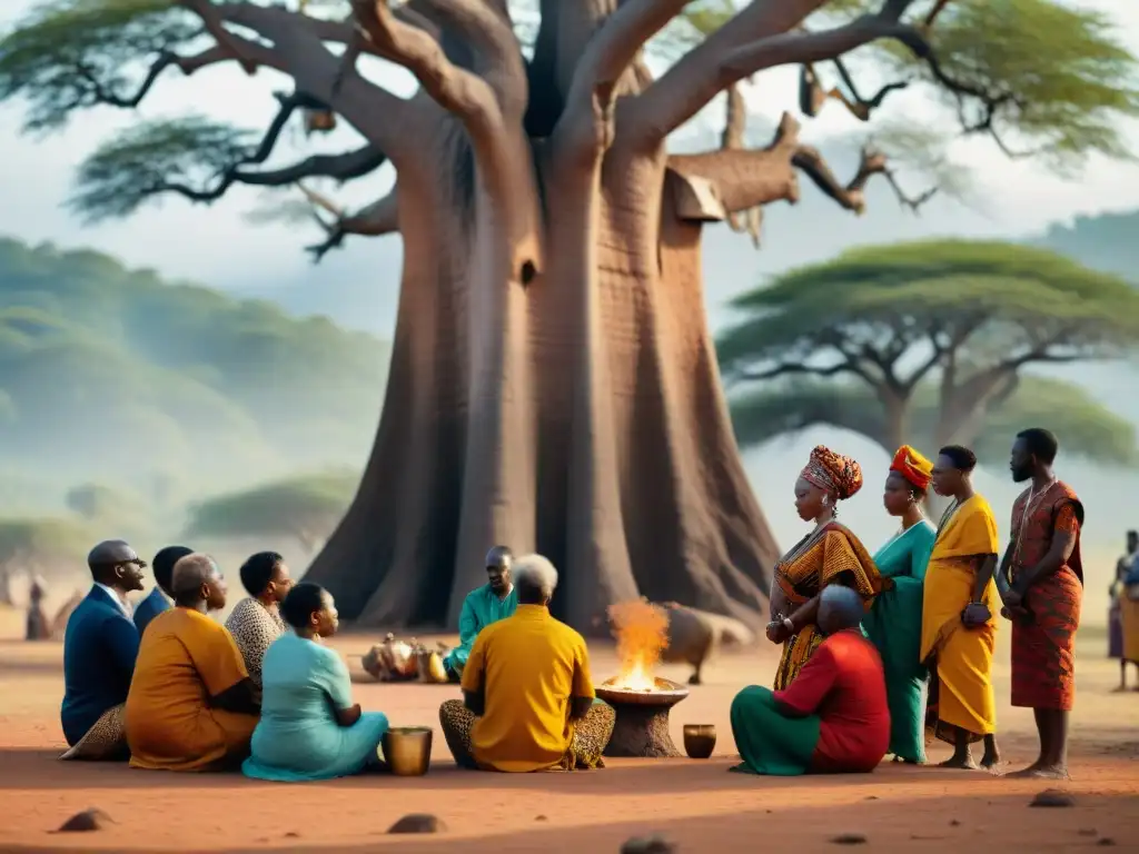 Una vibrante comunidad africana honra a sus ancestros bajo un baobab ancestral