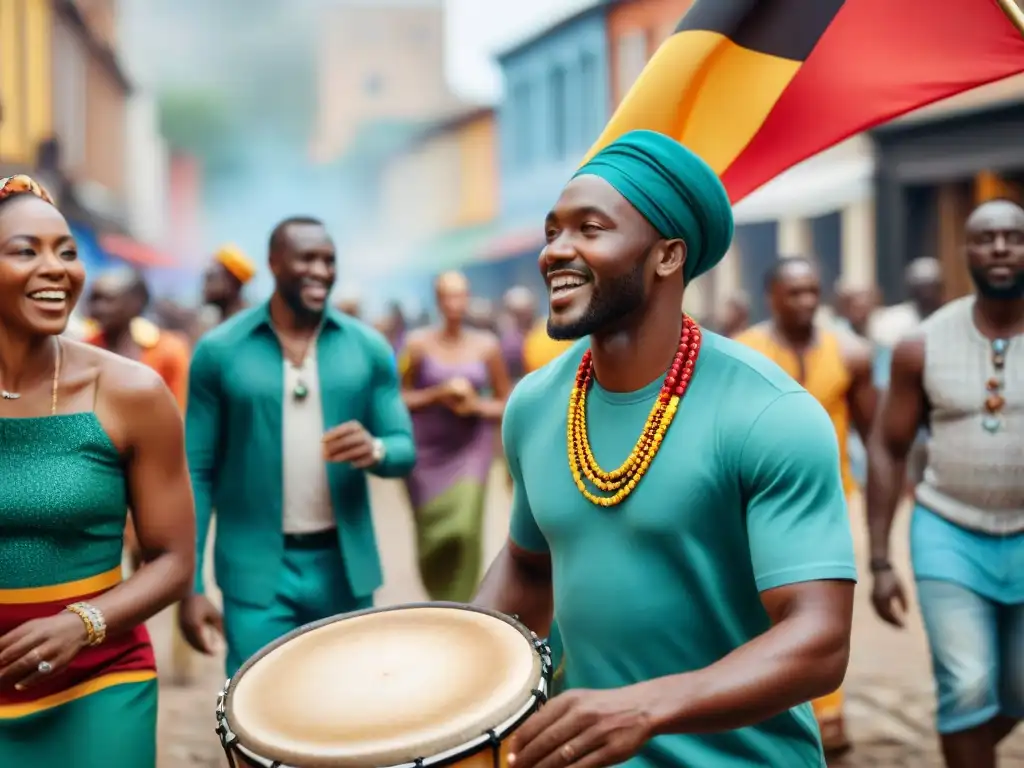 Una vibrante comunidad africana se reúne en un entorno urbano, celebrando en armonía con música y danza