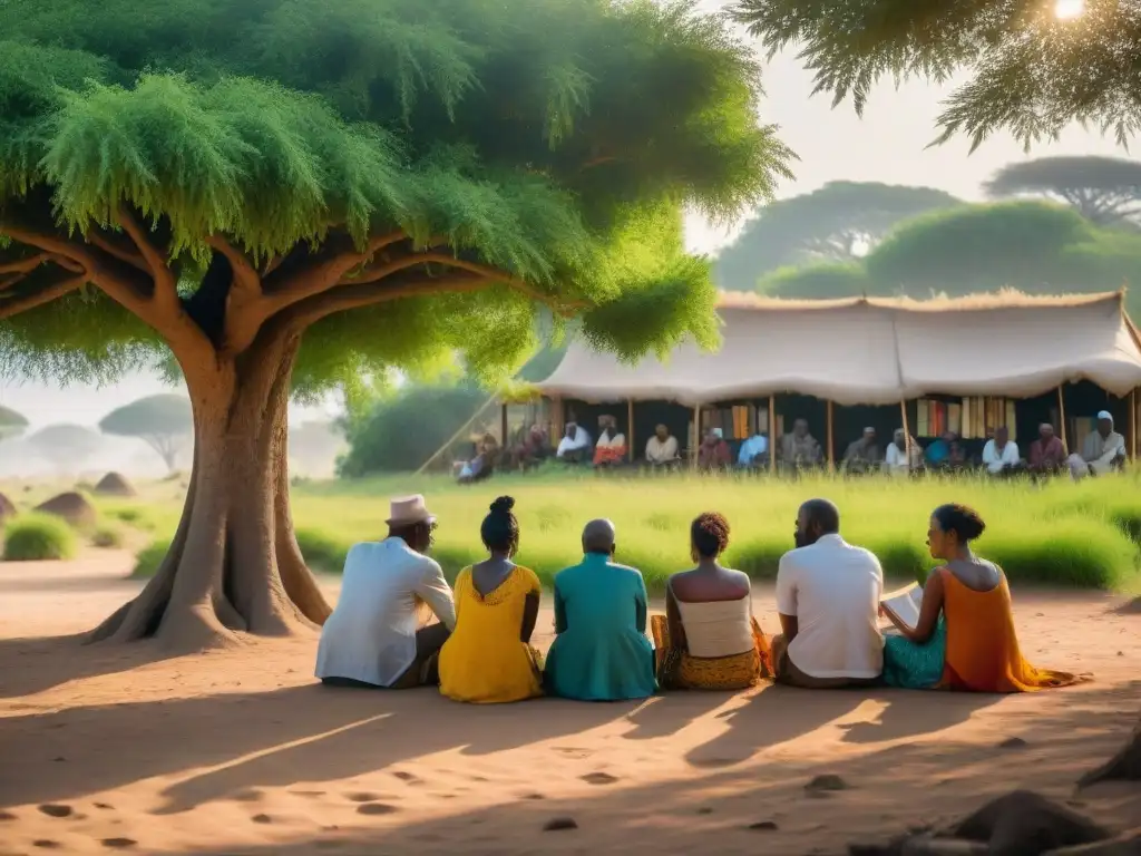 Una vibrante comunidad literaria y poética en África, bajo un acacia, rodeados de libros y papeles, iluminados por la cálida luz del sol