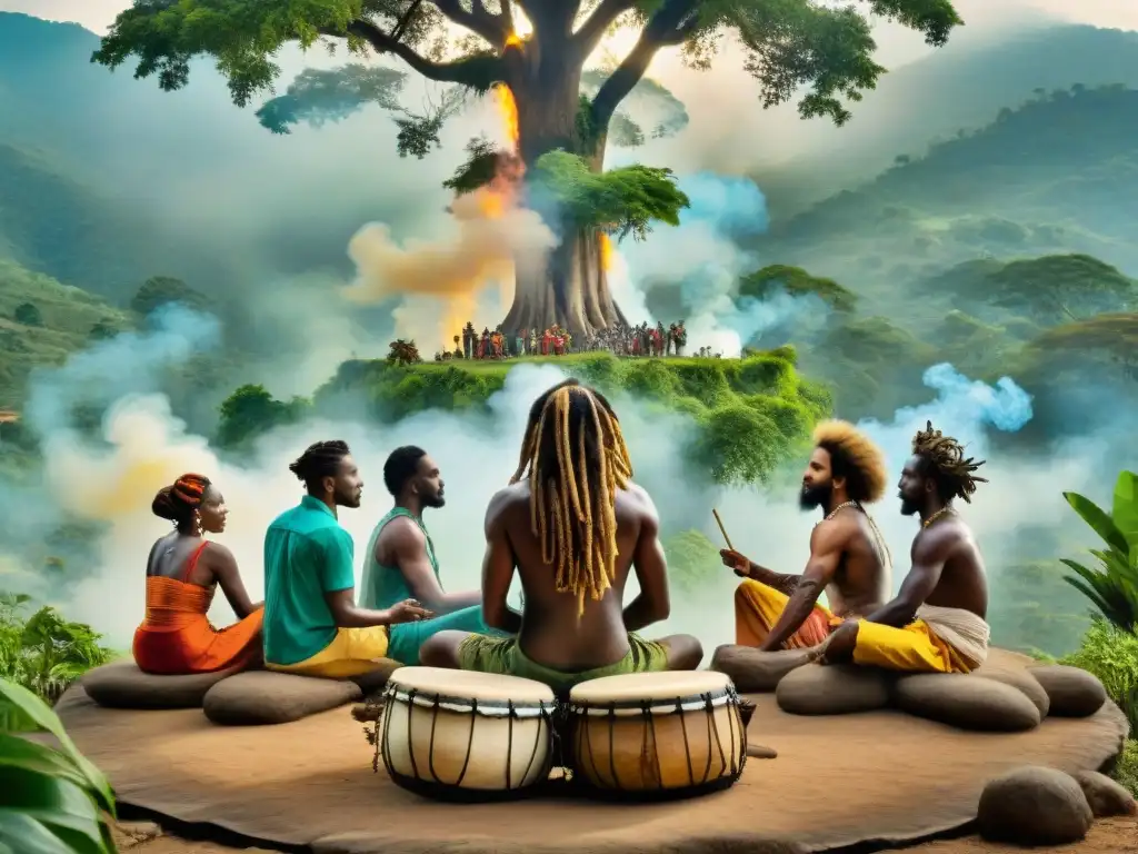 Vibrante comunidad Rastafari en Jamaica, con drum circle bajo un árbol antiguo