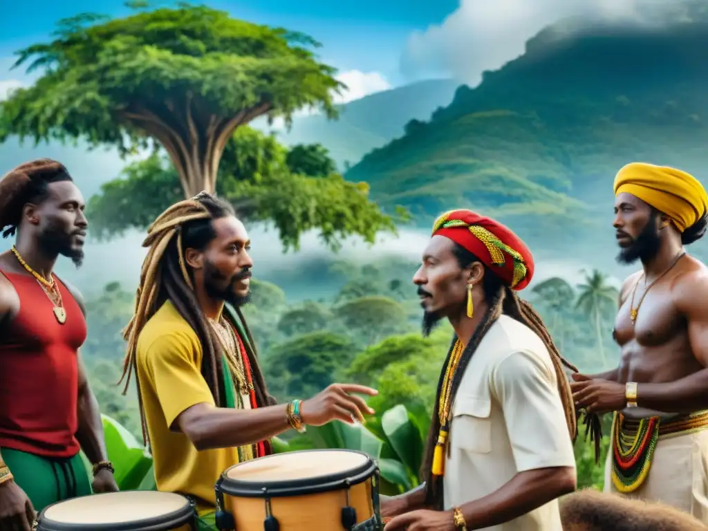 Vibrante comunidad Rastafarí en Jamaica, unida en canto y tambor bajo un árbol, en armonía con la naturaleza