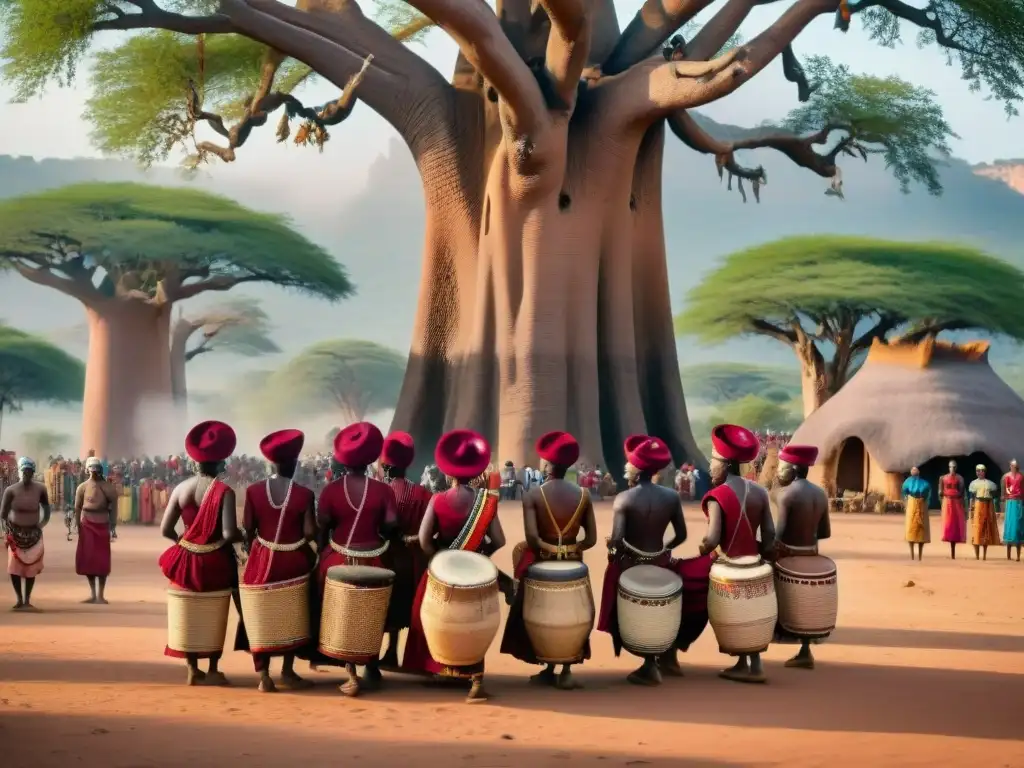 Celebración vibrante de Comunidades Maroon en África: danzas bajo el baobab con trajes tradicionales y sonidos de tambores