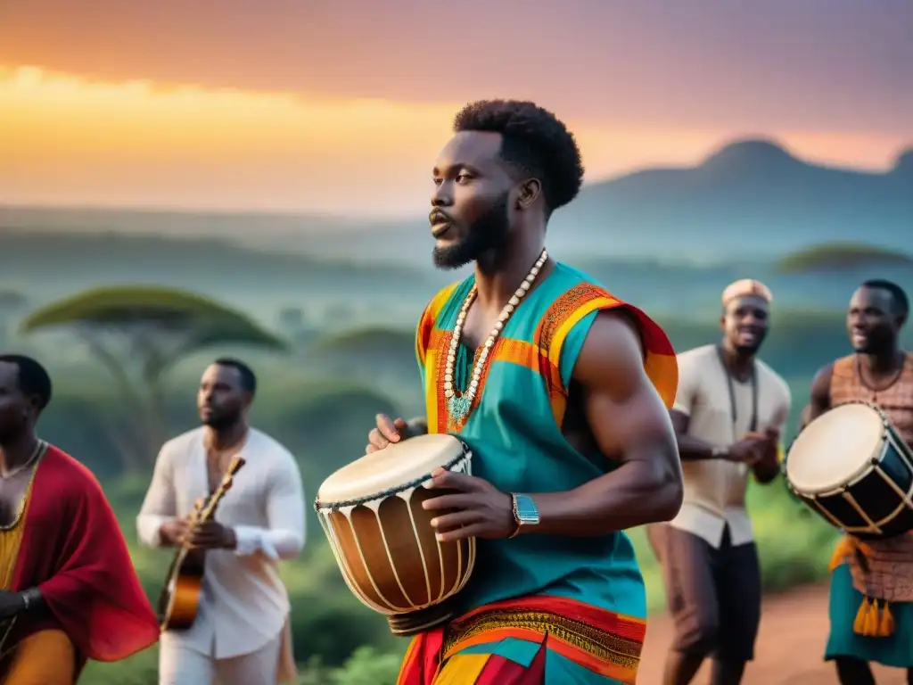 Un vibrante concierto de músicos africanos tocando instrumentos tradicionales bajo el atardecer africano