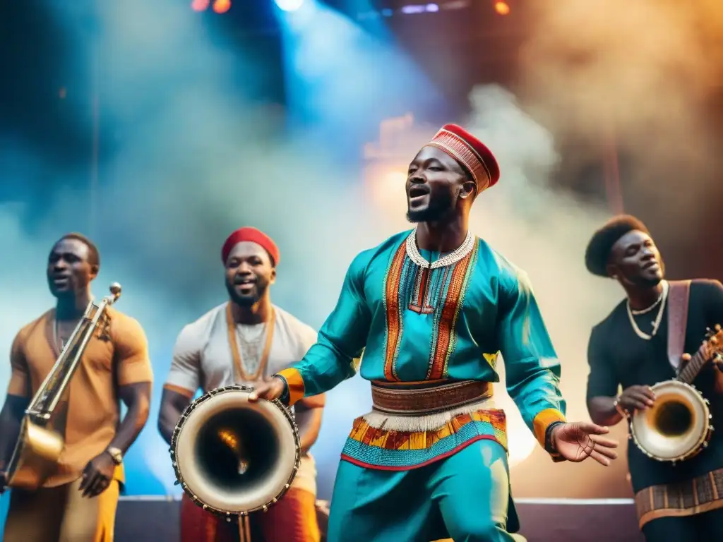 Un vibrante concierto de músicos africanos fusionando tradición y modernidad, uniendo culturas en una fiesta musical