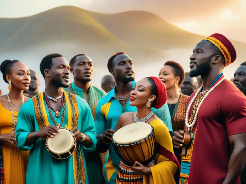 Un vibrante concierto de músicos africanos tocando instrumentos tradicionales, rodeados de un público diverso y entregado