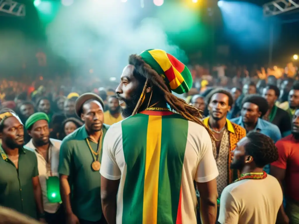 Un vibrante concierto de reggae en África con influencia reggae rastafarismo música africana, público diverso y banderas coloridas