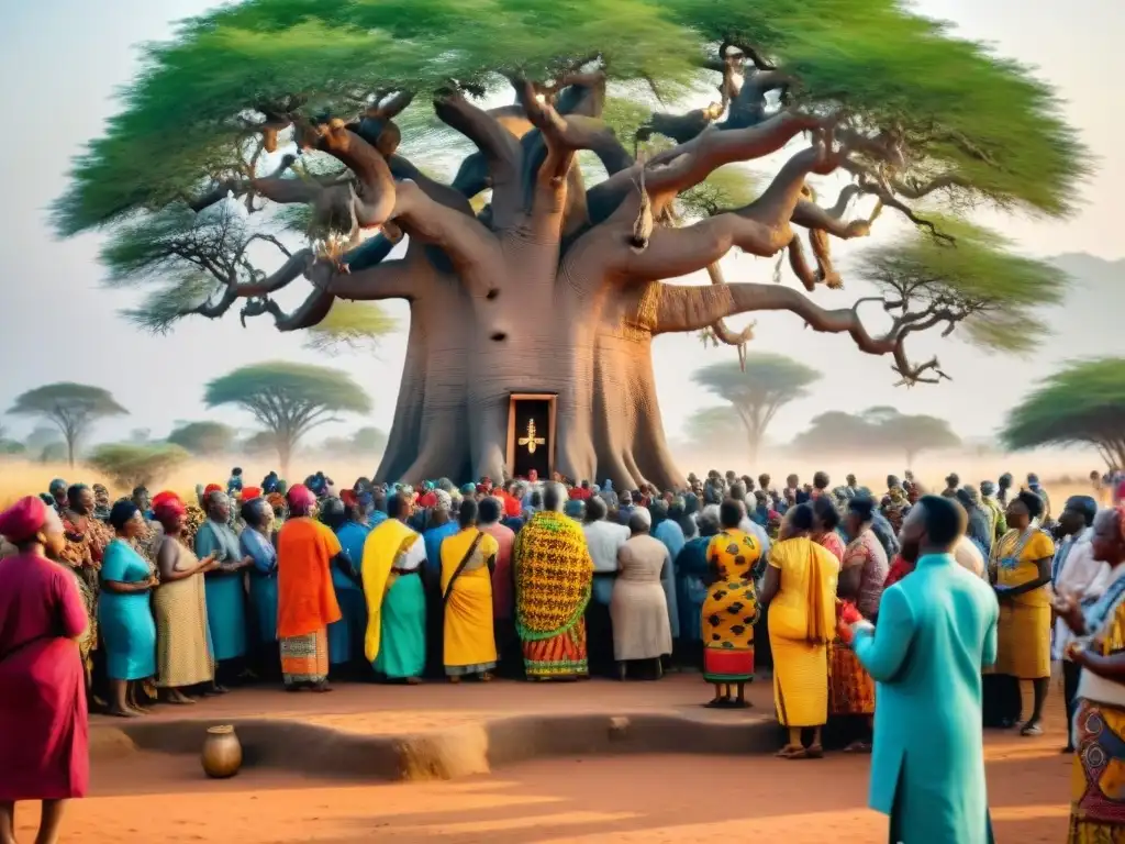 Celebración vibrante de la congregación de una iglesia en África bajo un baobab, fusionando símbolos cristianos y africanos