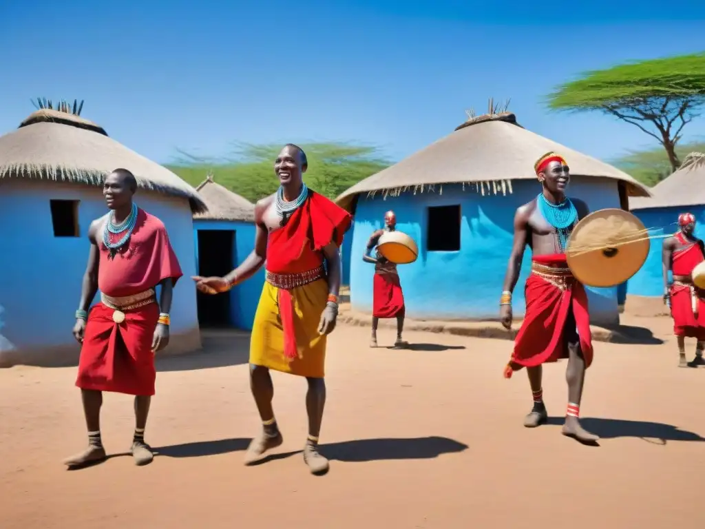 Vibrante danza ceremonial de Maasai en tradicionales atuendos, mostrando modernidad en tradiciones africanas