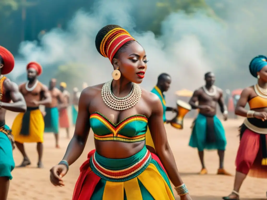 Vibrante danza tradicional africana llena de energía y color en un espacio al aire libre