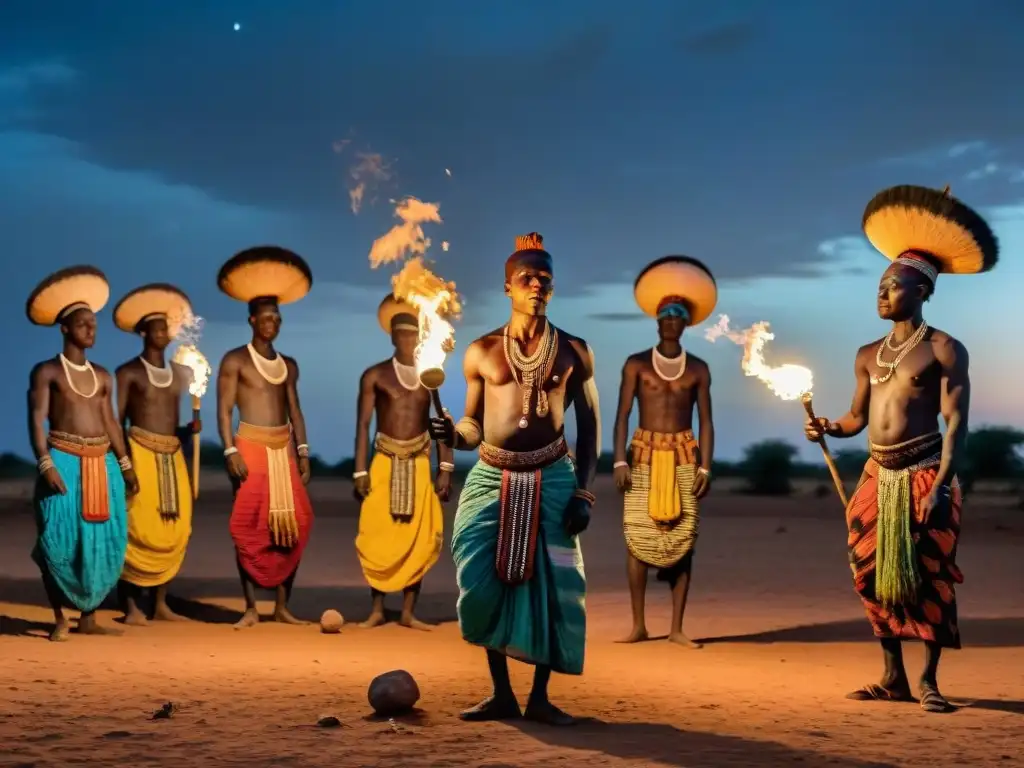 Vibrante danza tradicional de la Cultura Mossi en Burkina Faso bajo la luna y antorchas